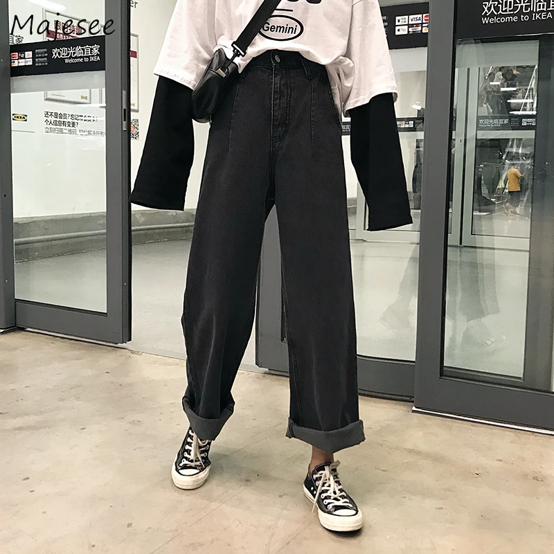 Джинсы женские уличная одежда с карманами винтажные широкие ноги Досуг модная сплошная шикарная простая стильная горячая Распродажа свободные женские универсальные