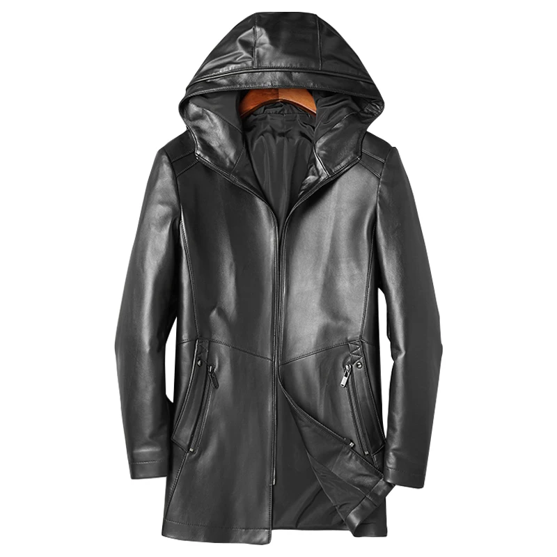 DK с капюшоном средней длины кожаное пальто для мужчин осень весна Высокое