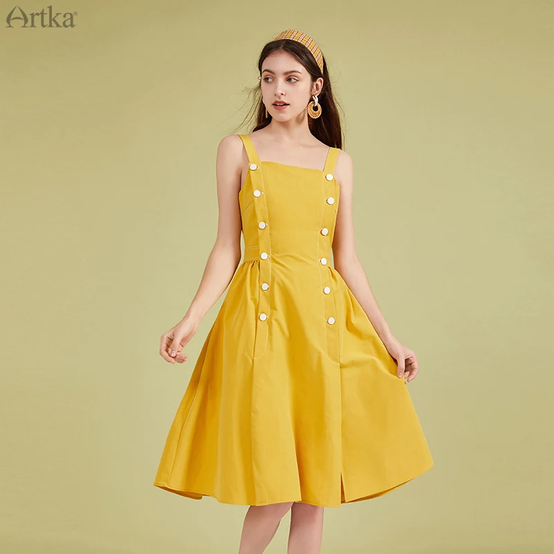 Женское платье на бретелях ARTKA элегантное двубортное винтажное трапеция без