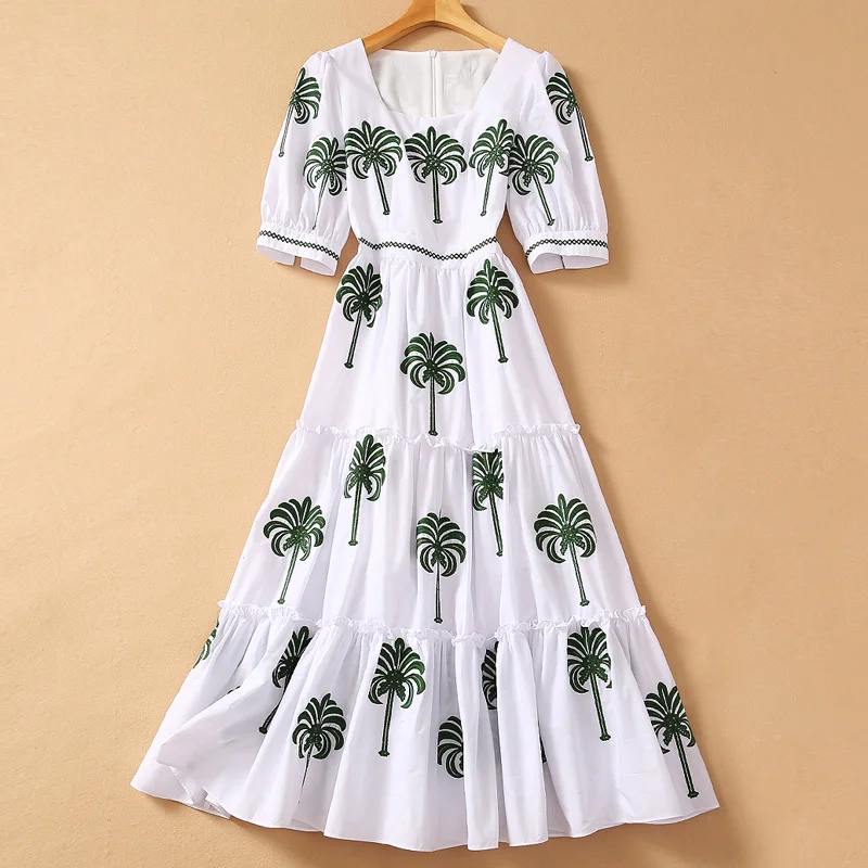 

Abaroker Women's Dress Embroidered Flowers Coconut Tree Pattern Casual Holiday Party Elegant Mid-length Dress 2020 Autumn