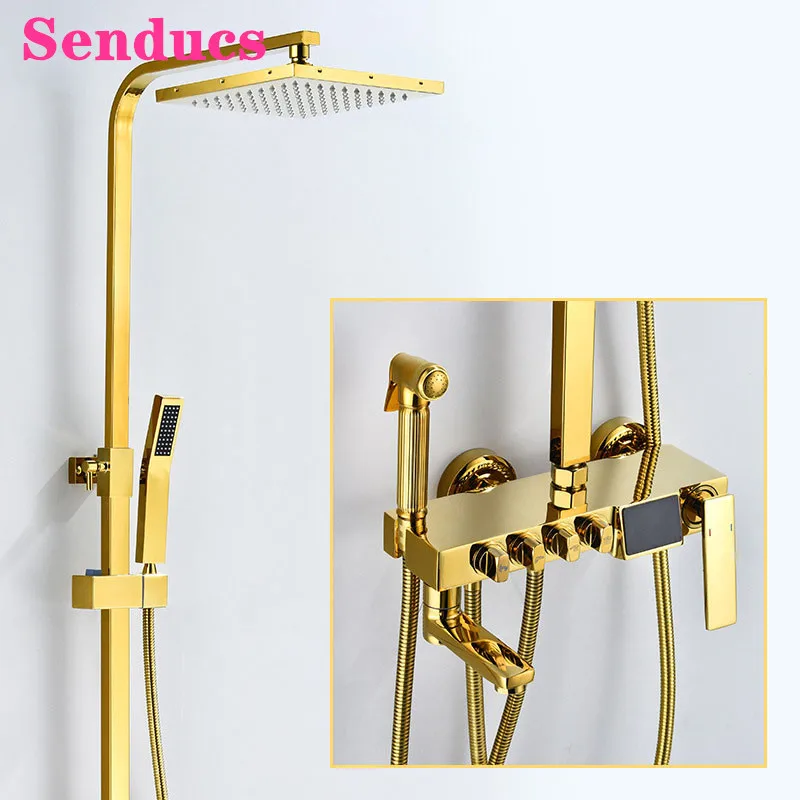 

Digital Bathroom Shower Set Senducs Wall Mounted Gold Bath Shower System Rainfall Shower Head Copper Gold Thermostatic Shower