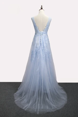SSYFashion Hot Sell Sweet Light Blue Lace V-neck Lacing Long Evening Dress The Bride Party Sexy Backless Prom Dresses Custom