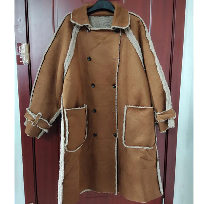 Женское пальто из овечьей шерсти Свободное макси замши с мехом ягненка зимняя