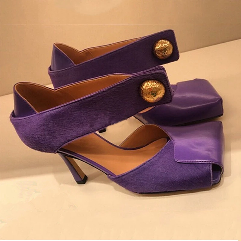 New Leather Patchwork Horsehair Runway Shoes Woman Square Toe Hollow Outs Metal Buckle Women Pumps High Heel Zapatos De Mujer | Обувь