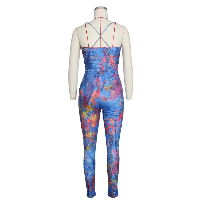 Chic Tie Dye Print Denim Jumpsuits Womens Overalls Sexy Strapless Back Cross Skinny Night Club Party Jumpsuit Macacao Feminino