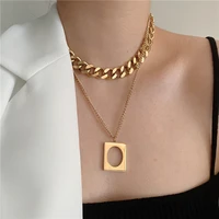 european and american ins wind cuban chain necklace double layered to wear personality square hollow pendant stainless steel