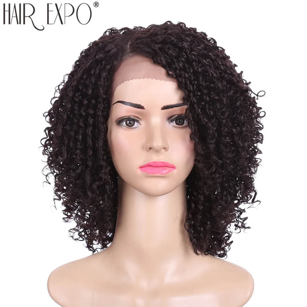 

14inch Kinky Curly Lace Front Wig Synthetic Short Black Hair For Black Women Lace Wigs Heat Resiatant Side Part Hair Expo City