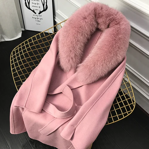 OFTBUY пальто с натуральным мехом, зимняя женская куртка, воротник из натурального Лисьего меха, кашемировая шерсть, Длинная Верхняя одежда с поясом, женская уличная одежда - Цвет: pink