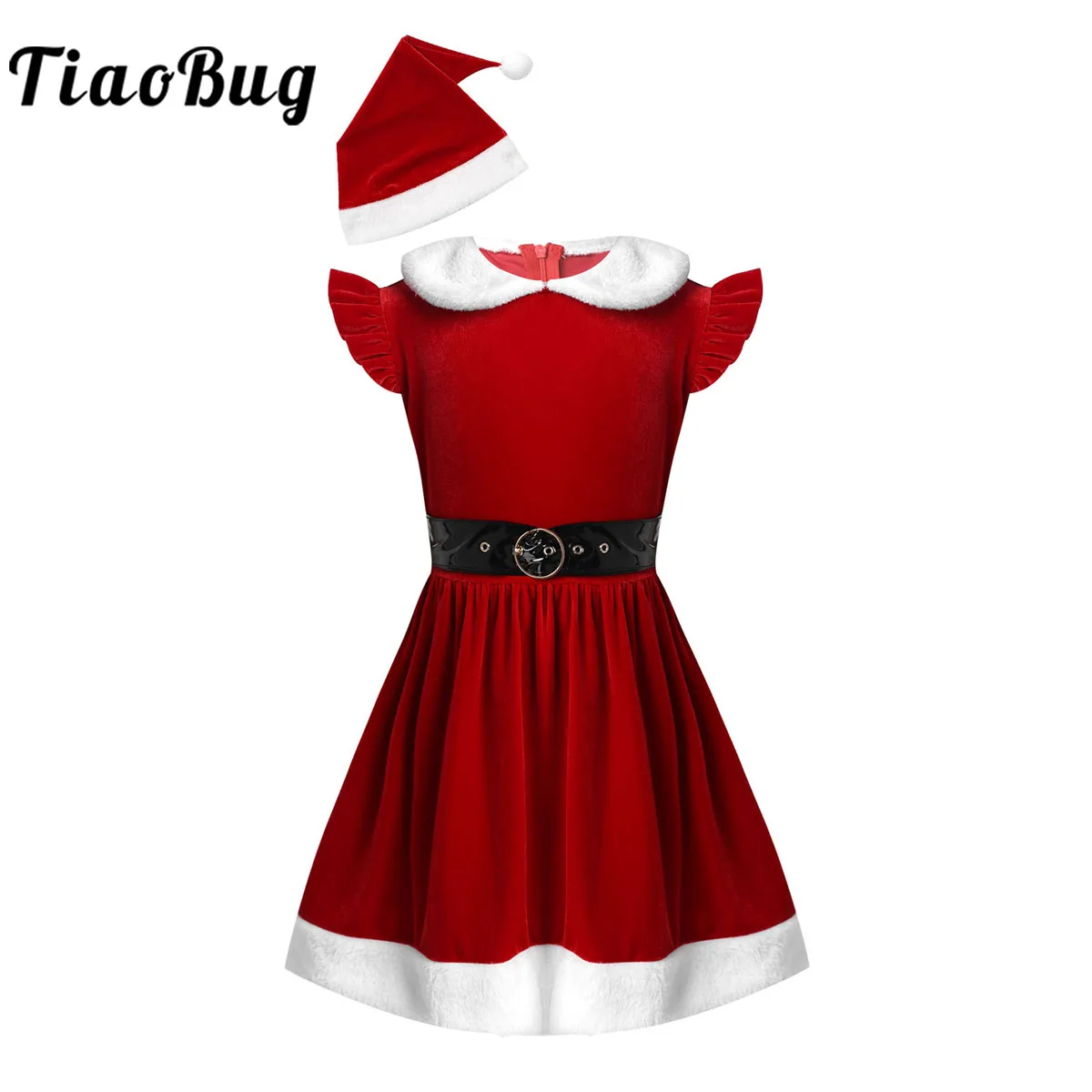 Toddler Girls Christmas Dress Outfit Kids Sleeveless Furry Neck Velvet Tutu Party Cosplay Princess Santa Claus Costume with Hat