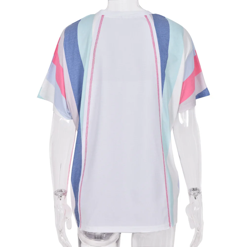 

2021 Summer New Product V-Neck Color Contrast Stripe Coat Half Sleeve T-Shirt Female