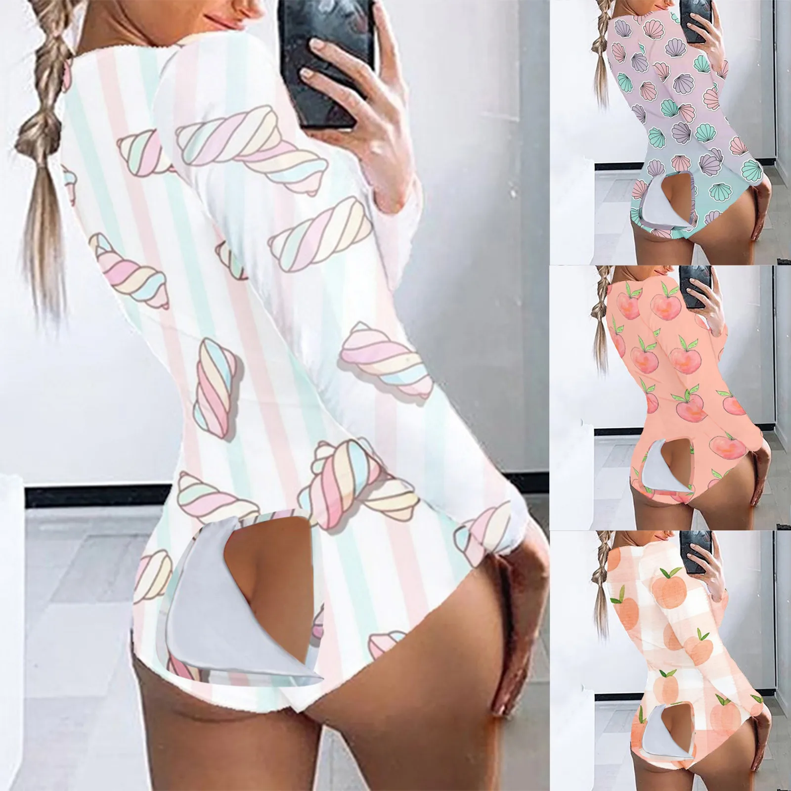 

Functional Buttoned Flap Playsuits Women 2021 Valentine's Day Bodysuit Nightwear Button-down Print Long Sleeve Romper A50