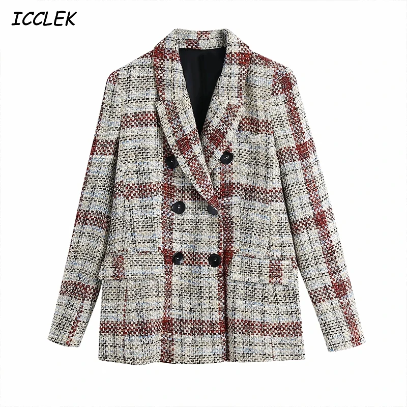 

Women's Blazers Skinny Jackets Slim Coats Mujer Office Fromal Work Long Sleeves Vintage Plaid Casual Outerwear Elegant Chic Tops