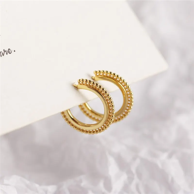 

A00768 Hiphop 925 Sterling Silver Geometric Small Round Bead C-shaped Stud Earrings for Women Bohemian Fine Jewelry