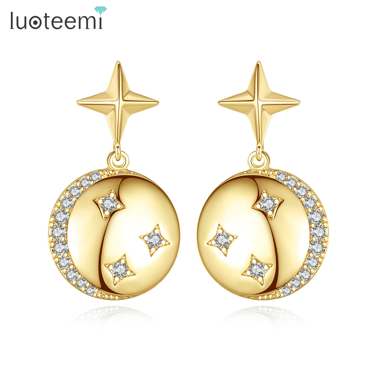 

LUOTEEMI Exquisite Moon and Star Gold Color Clear CZ Stone Fashion Romantic Jewelry for Women Dating Christmas Gifts Brincos
