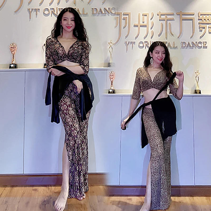 

Girl Dancewear Belly Dancer Costume Oriental Modal Skirt Performance Dance Clothes Short SleeveTop Nude Sexy Split Leg Suit