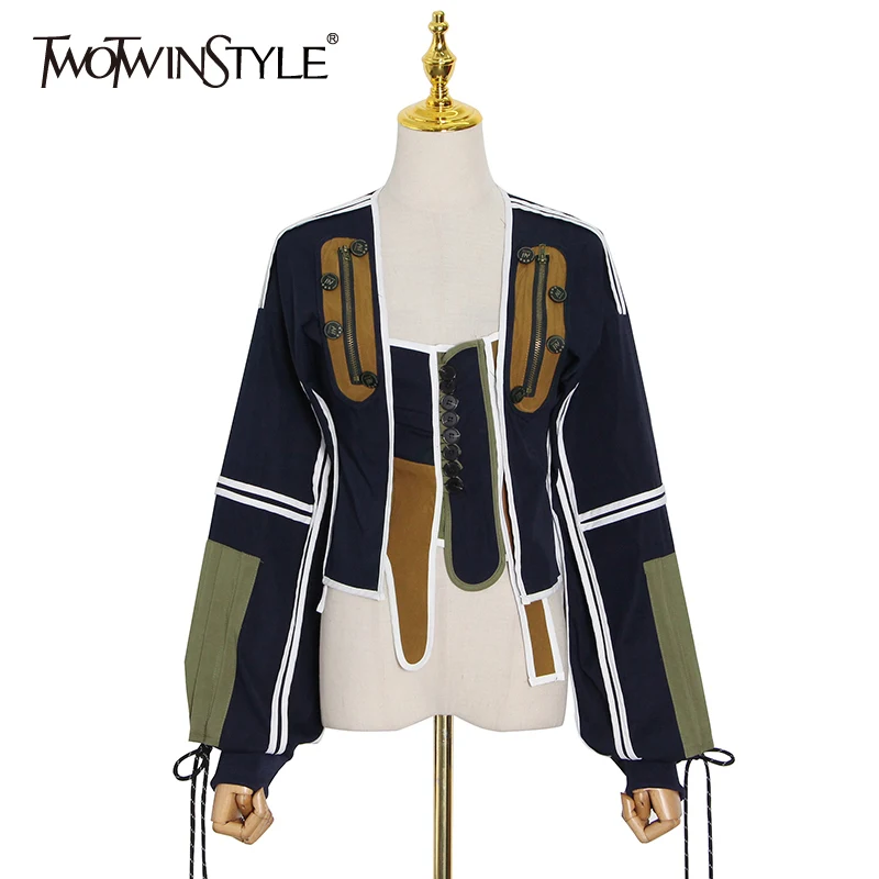 

TWOTWINSTYLE Casual Streetwear Hit Color Jacket For Women Square Collar Long Sleeve Short Tops Female Fashion New Autumn Tide