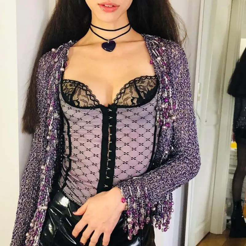 Женский летний укороченный топ без рукавов с пряжкой спереди сетчатый