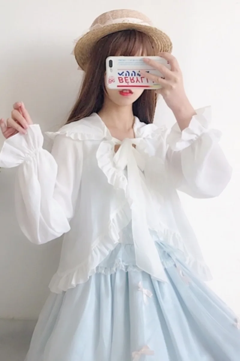 

Lolita Dress Chiffon Cardigan Fairy Sister Hooded Ruffled Short Cape Coat Sun Protection Clothing Female Fairy kawaii clothing