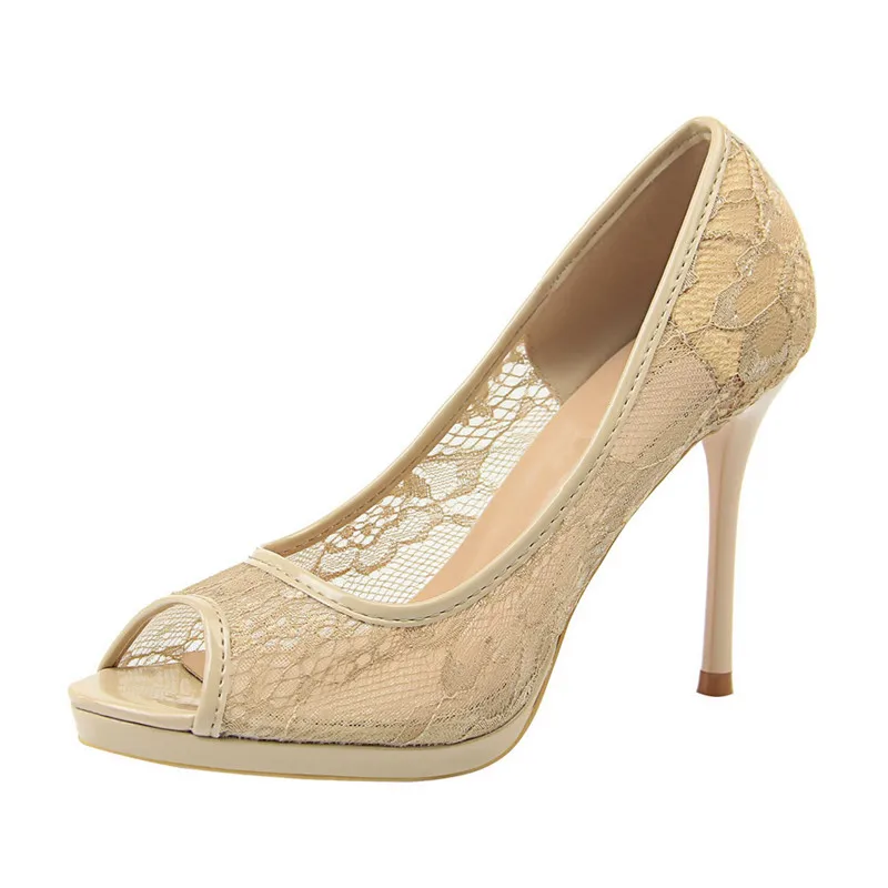 

Women Shoes Pumps Sexy Mesh Lace Hollow Peep Toe Thin High Heels Ladies Fashion Party Wedding Platform Shoes Woman DS-B0291