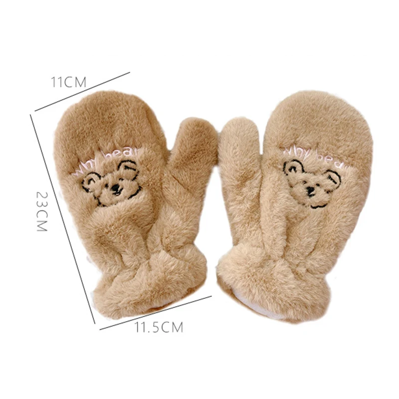

Ins Cartoon Bear Women Winter Thick Cashmere Double Layer Plush Wool Warm Mittens Female Cute Full Fingers Gloves White Brown
