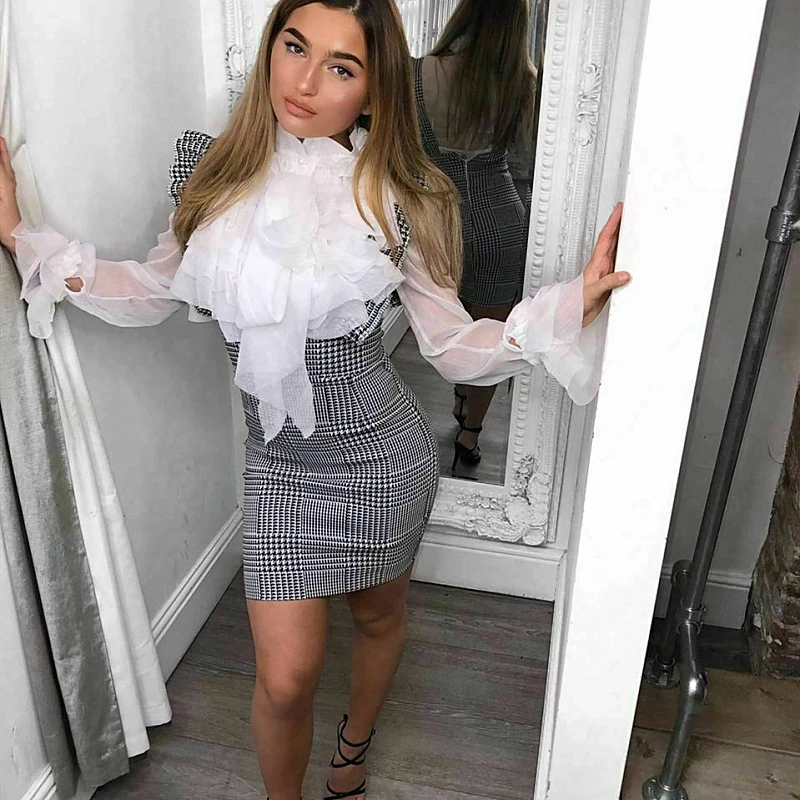 Модное женское платье с оборками в клетку высокой талией облегающее вечерние