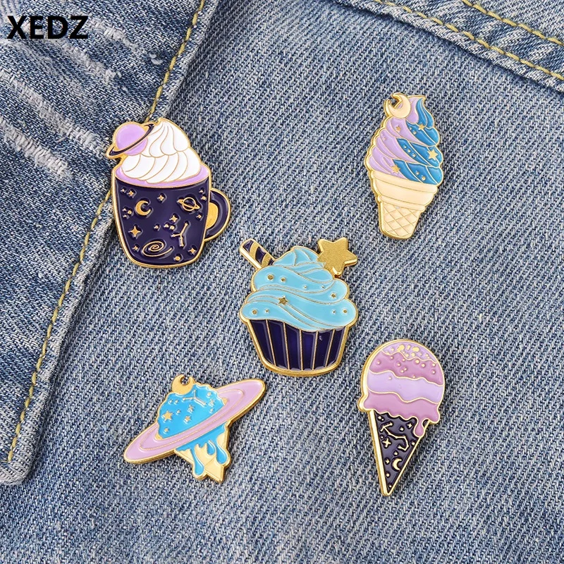 

XEDZ Fashion Planet Ice Cream Enamel Pin Star Moon Spaceship Coffee Cup Purple Badge Punk Bag Lapel Brooch Women's Jewelry Gift