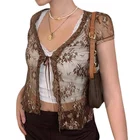 Укороченный прозрачный кардиган с кружевом, верхняя одежда с V-образным вырезом и коротким рукавом, топ на завязках для женщин, весна-лето d88