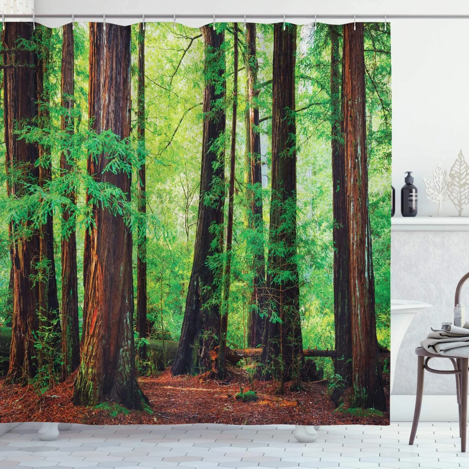 

Woodland Shower Curtains Redwood Trees Northwest Rain Forest Tropical Scenic Wild Nature Branch Cloth Fabric Bathroom Decor Set