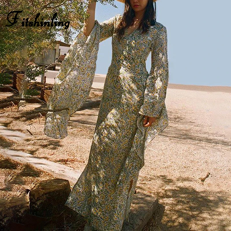 Fitshinling расклешенный рукав богемное длинное платье пляжное с цветочным принтом