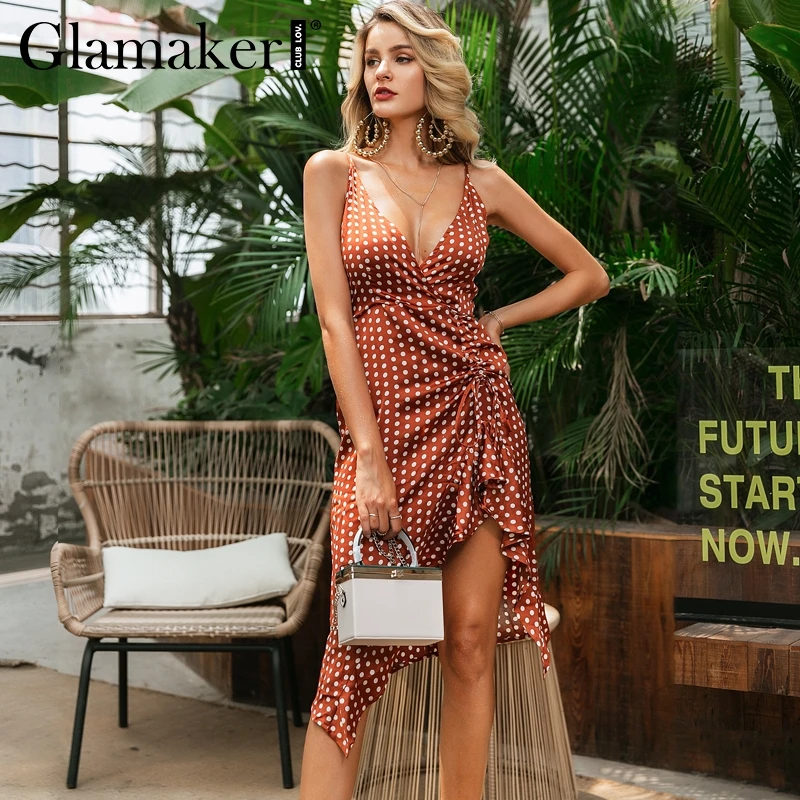 Glamaker, платье миди в горошек с оборками, женское Плиссированное облегающее платье с v-образным вырезом, женское осенне-зимнее элегантное Клубное сексуальное платье, вечерние платья