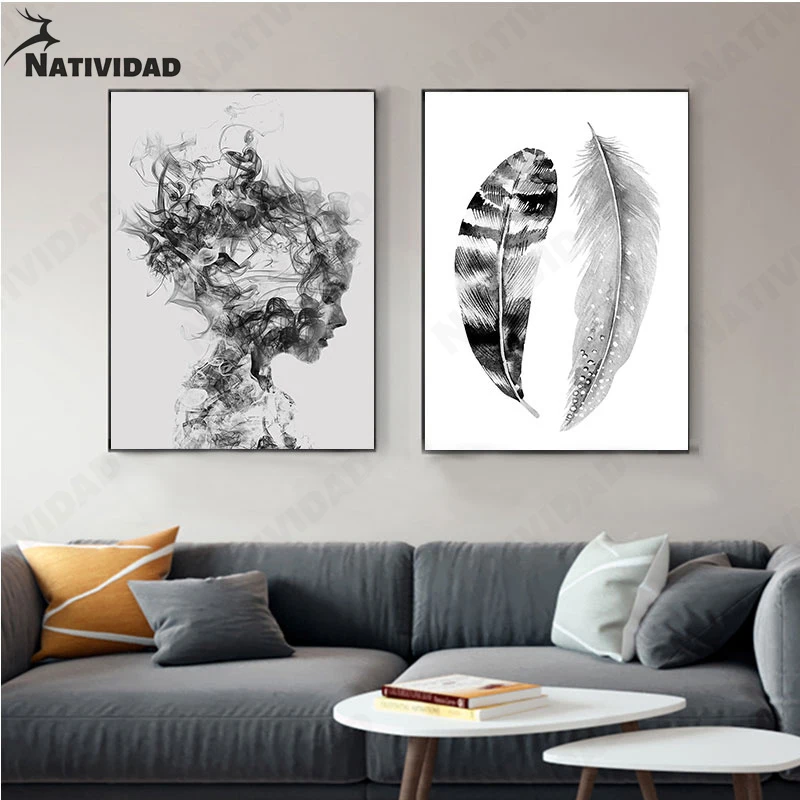 

Abstract Decorative Smoke Girl Feather Picture Print Poster Wall Art Nordic Modern Art Wall Stickers Posters Aesthetic Home