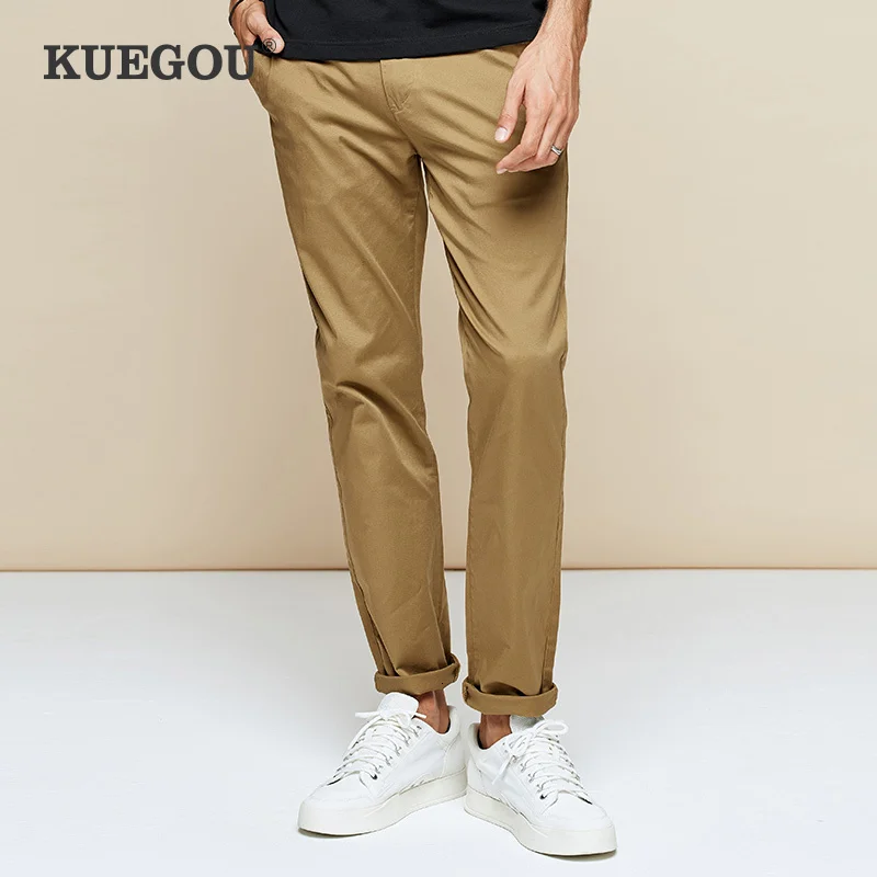 Мужские повседневные длинные брюки KUEGOU однотонные хлопковые цвета хаки
