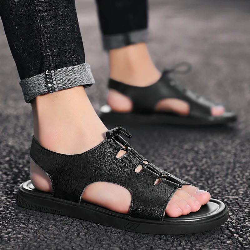 Сандалии мужские кожаные дышащие шлепанцы модная повседневная обувь пляжные