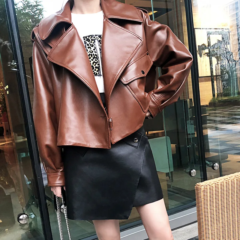 2021 New Arrival Women Genuine Leather Motorcycle Jacket Women Loose Leather Coat