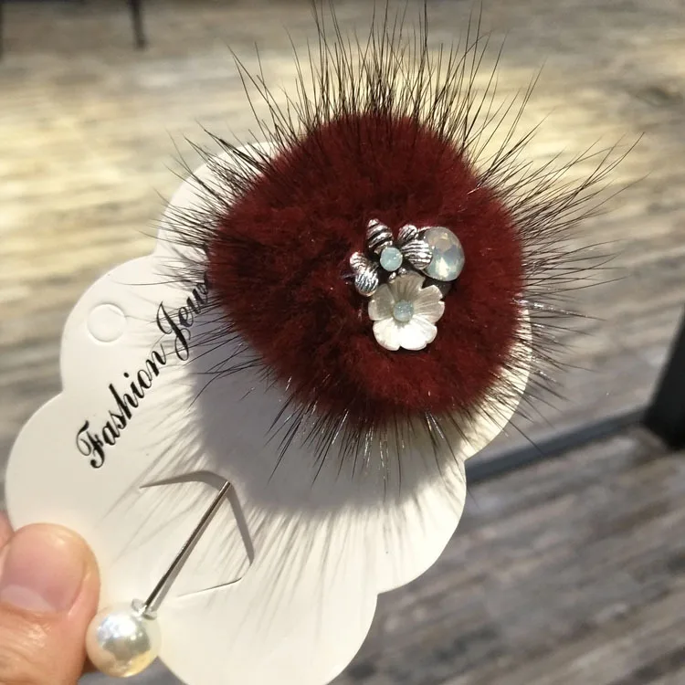 Red Brooch I-Remiel, женская мода, шарик из меха норки, женский цветок, длинная игла, брошь на булавке, шарфы, цинковый сплав, жемчужные булавки и броши, платье для рубашки - Окраска металла: Red Brooch