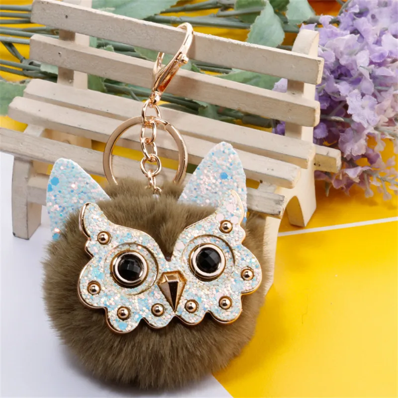 1 шт. пушистые меховые милые цепочки для ключей в виде совы карамельного цвета с