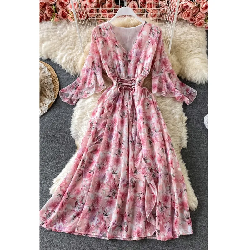 

Summer Seaside Vacation Bohemia Dress Close Big Swing A-line Long Dress Super Fairy V-neck Floral Dress Trumpet Sleeve Vestido