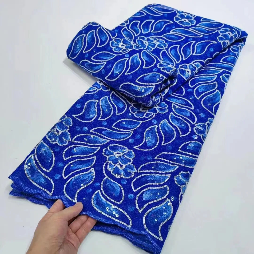 

African Lace Fabric 2021 High Quality Classic Sequins Soft Luxury Embroidery Elegant Nigerian Tulle Lace Fabric 5 Yards