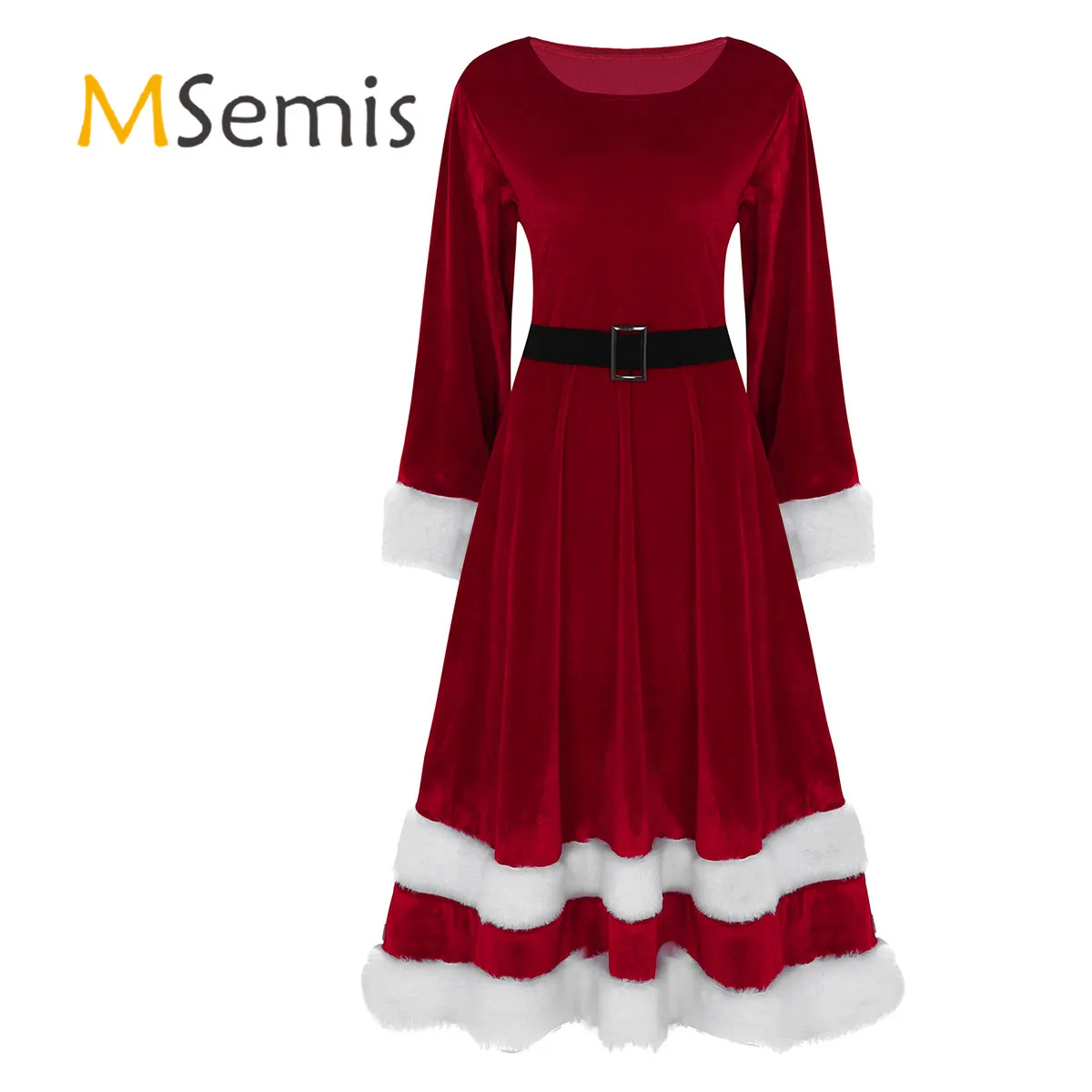 Womens Ladies Mrs Santa Claus Costume Adults Christmas Fancy Cosplay Dress Outfit Soft Velvet Scoop Neck Long Sleeves Dresses