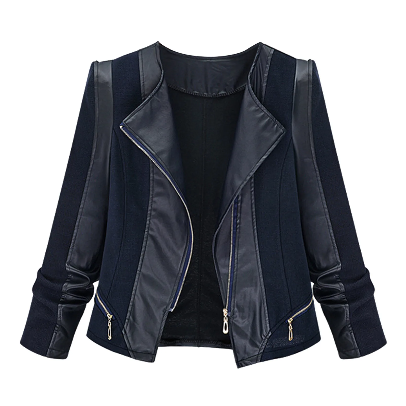 

Ladies Motorcycle Jacket Solid Lapel Zipper Pocket Long Sleeve Patchwork Slim Fit Coat Biker Punk Short Outerwear
