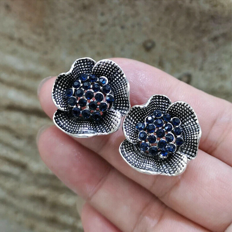 

Vintage Ear Stud Hook Floral Earring Blue Rhinestone Elegant Silver Plated Chic Women Jewelry