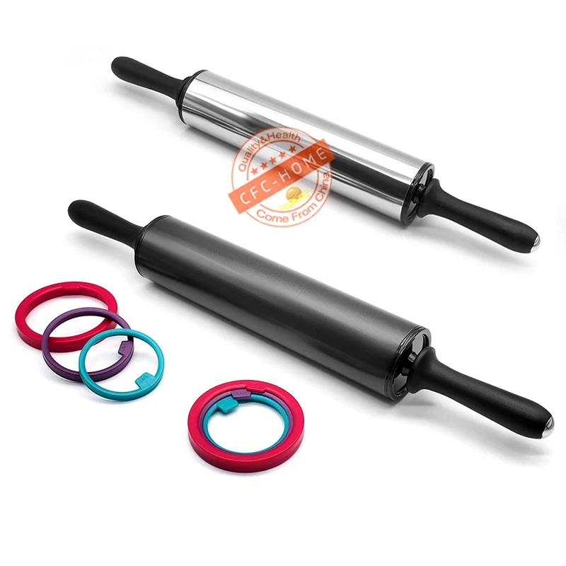 

Rolling Pin Stainless Steel Dough Roller with 3 Removable Adjustable Thickness Rings for Baking Dough Pizza Pie Pastries Pasta