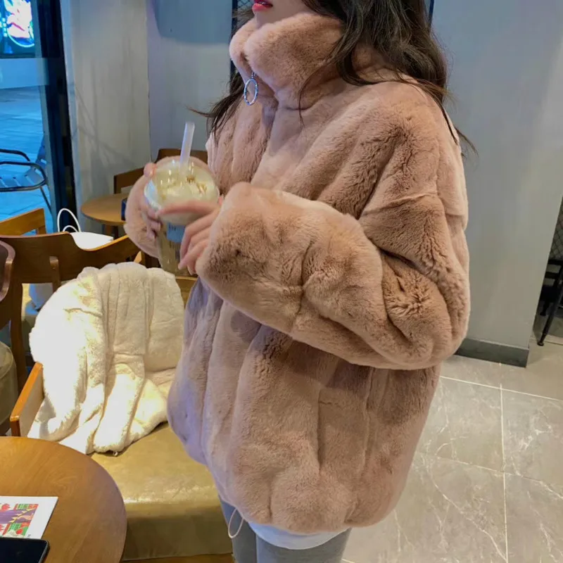 

BONJEAN Faux Rex Rabbit Fur Coat for Women 2020 Winter Outerwear Long Sleeve Wide-Waisted Fur Jacket Ladies Casual Coats BJ3471