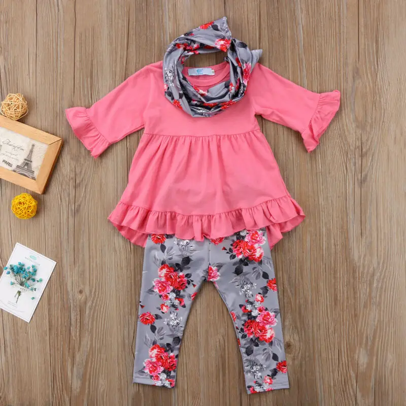 Хлопковая футболка штаны с цветочным принтом и шарф для новорожденных девочек 3
