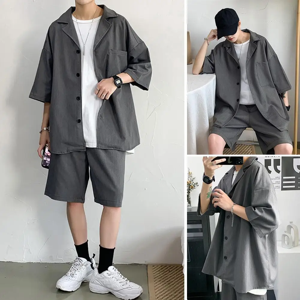 

2021 summer trend men's casual lapel button shirt pocket + cool sports shorts two-piece solid color simple men's streetwear