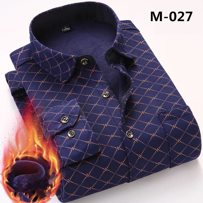 Fashion Men's Print Plaid Warm Thick Velvet Fleece Shirts Winter Long Sleeve Dress Shirt for Men Soft Flannel Camisa Masculina