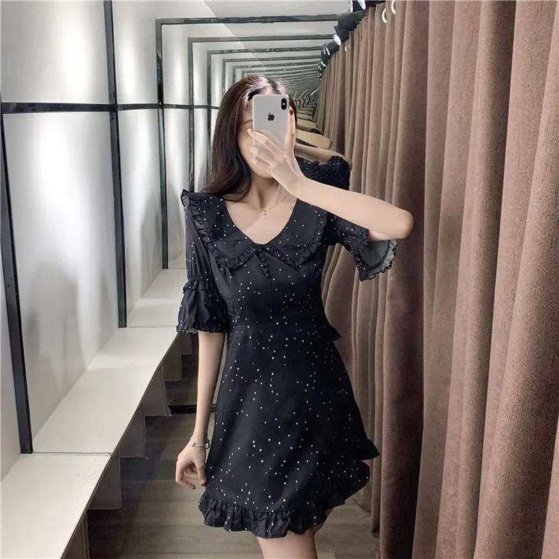 Новинка 2020 летнее черное платье с пуговицами принтом высокой талией коротким