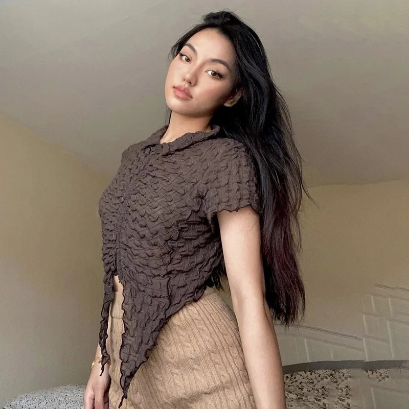 

Летняя Новинка, однотонный кардиган с отложным воротником, модная повседневная женская блузка с короткими рукавами, привлекательная рубаш...