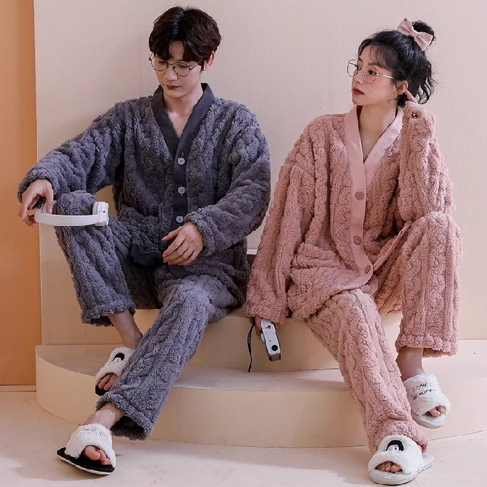

2022 New Winter Warm Couple Pajamas Set Fashion Korean Minimalist Style Young Man and Woman Thick Pijama Sets Trendy Sleepwear
