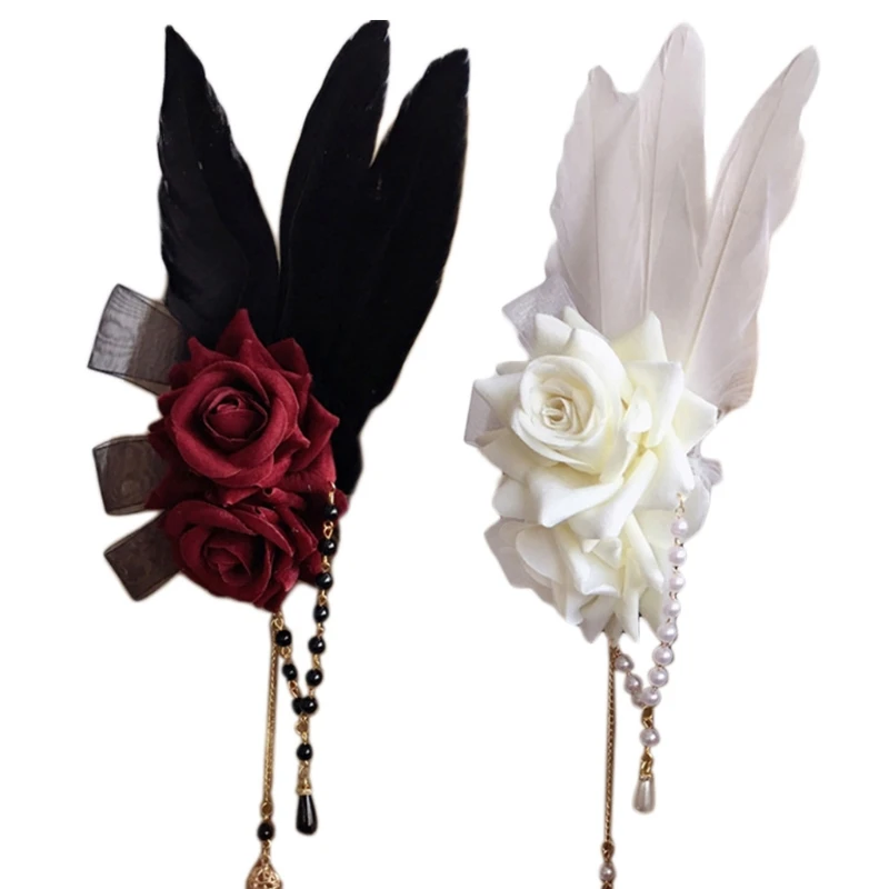 

Rose Feather Barrette Lolita Lace Bows Hair Clips Retro Masquerade Hair Jewelry